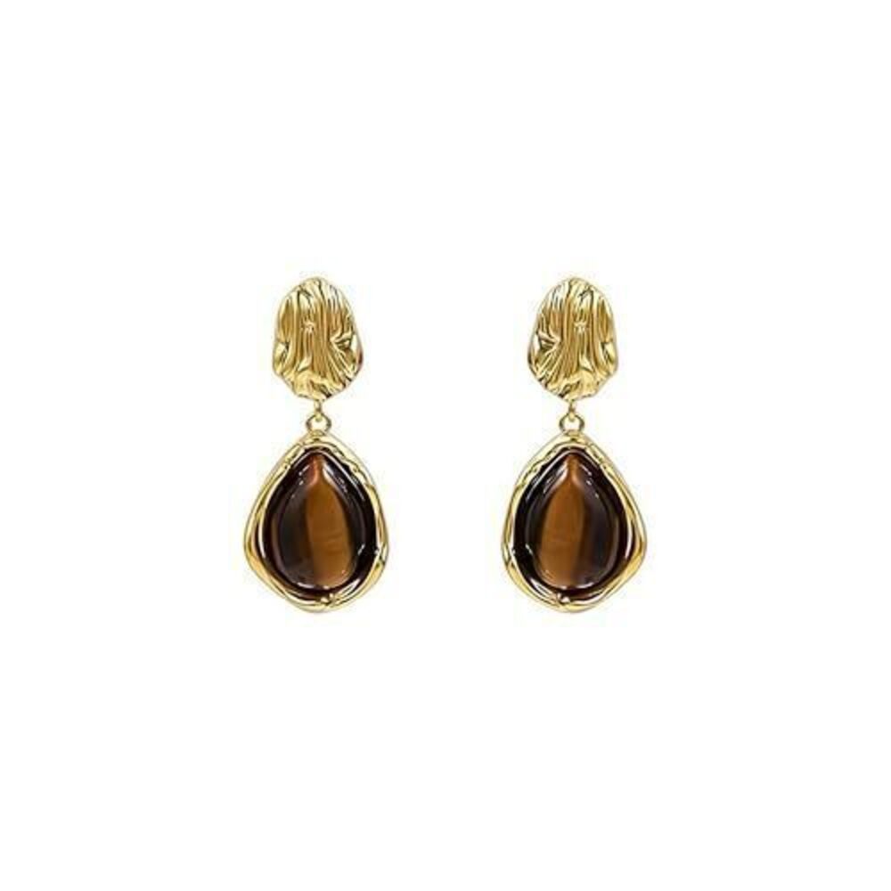 2705 14K Gold Plated Tiger-Eye Drop Earrings , Hypoallergenic Brown Dangle
